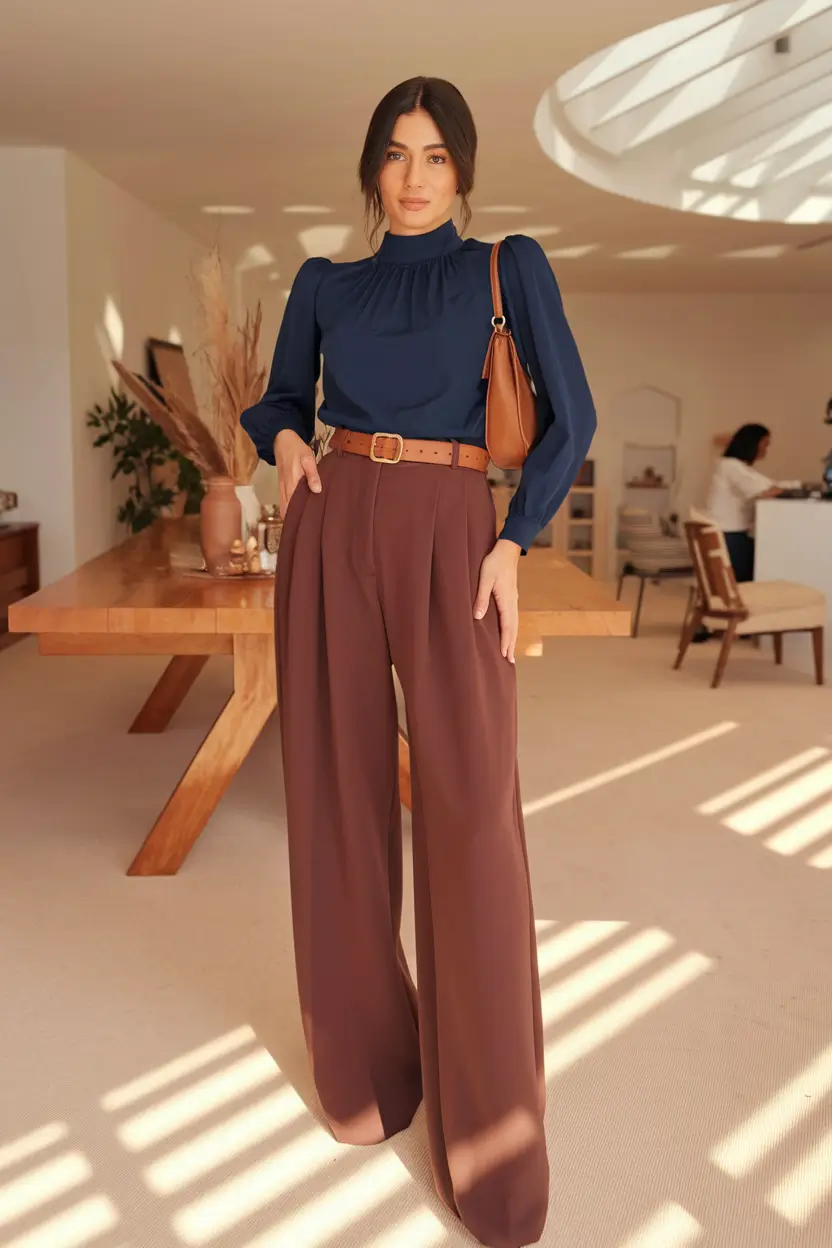 fall transition outfits ideas 2025 Navy Silk & Cocoa Wide-Legs