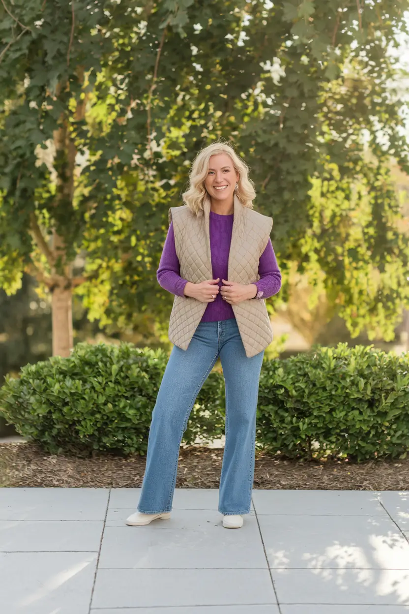 fall transition outfits ideas 2025 Quilted Vest & Berry Knit Off-Duty
