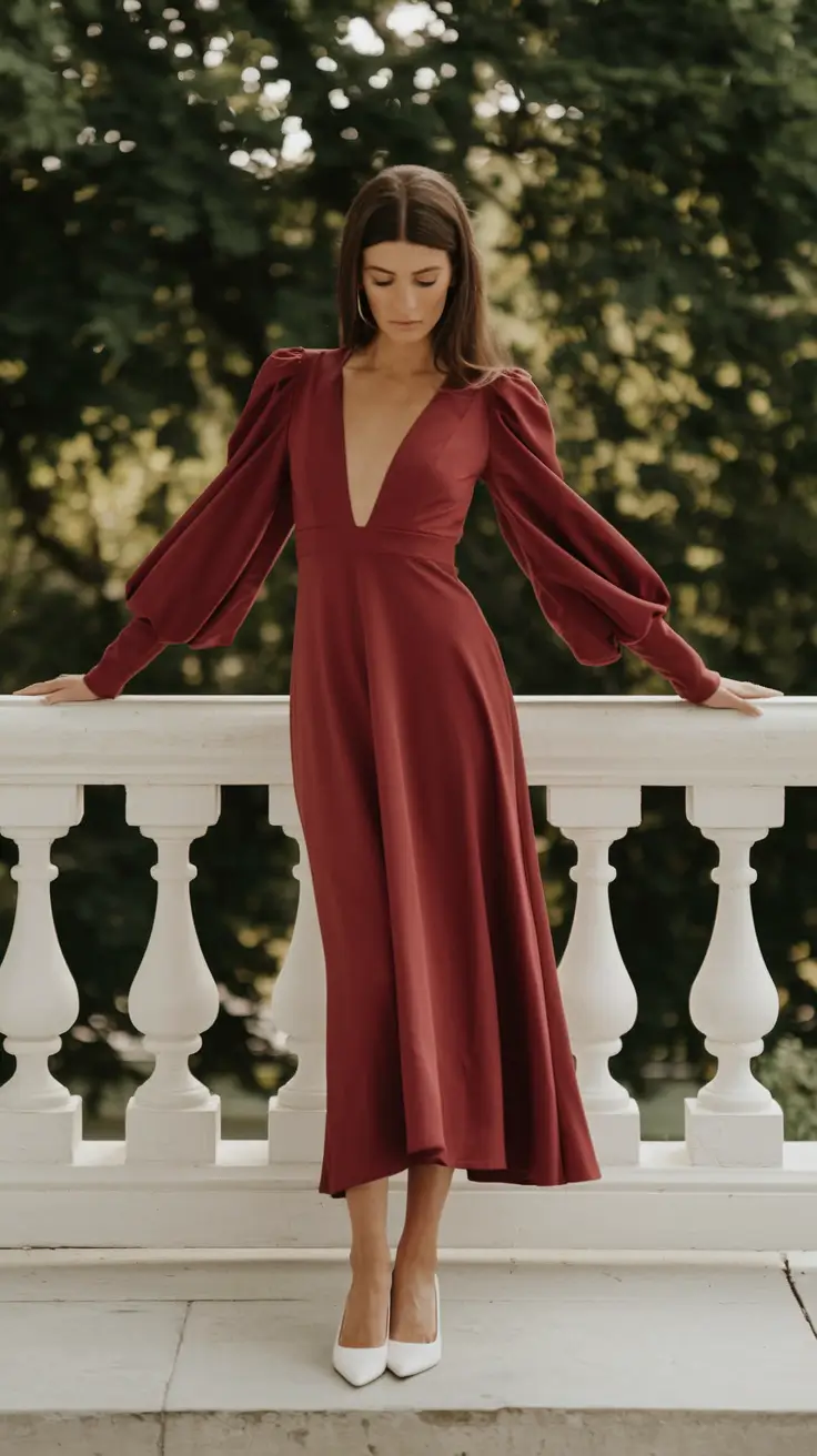 fall wedding guest dress 2025 Wine-Toned Volume and Grace