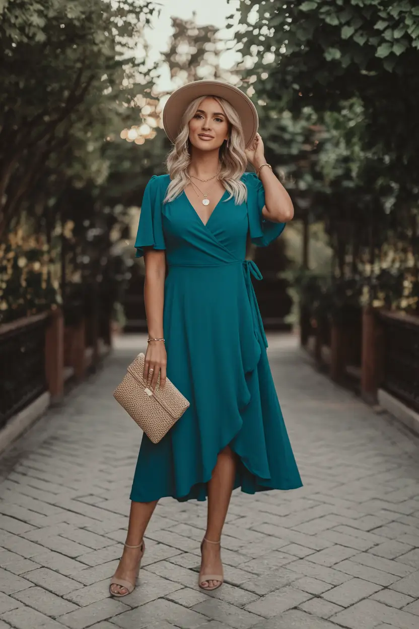 fall wedding guest dress 2025 Boho Teal Wrap for Garden Romance