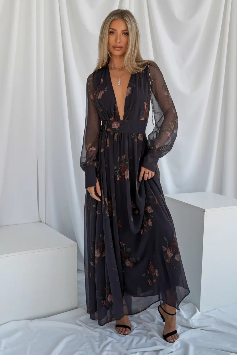 fall wedding guest dress 2025 Midnight Blooms for Moody Romance