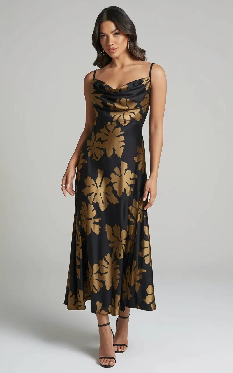 fall wedding guest dress 2025 Golden Floral Elegance in Satin