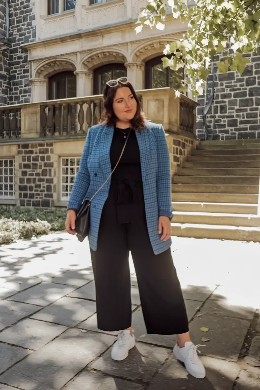 fashion curvy fall outfits 2025 Checked Blazer, White Sneaker Energy