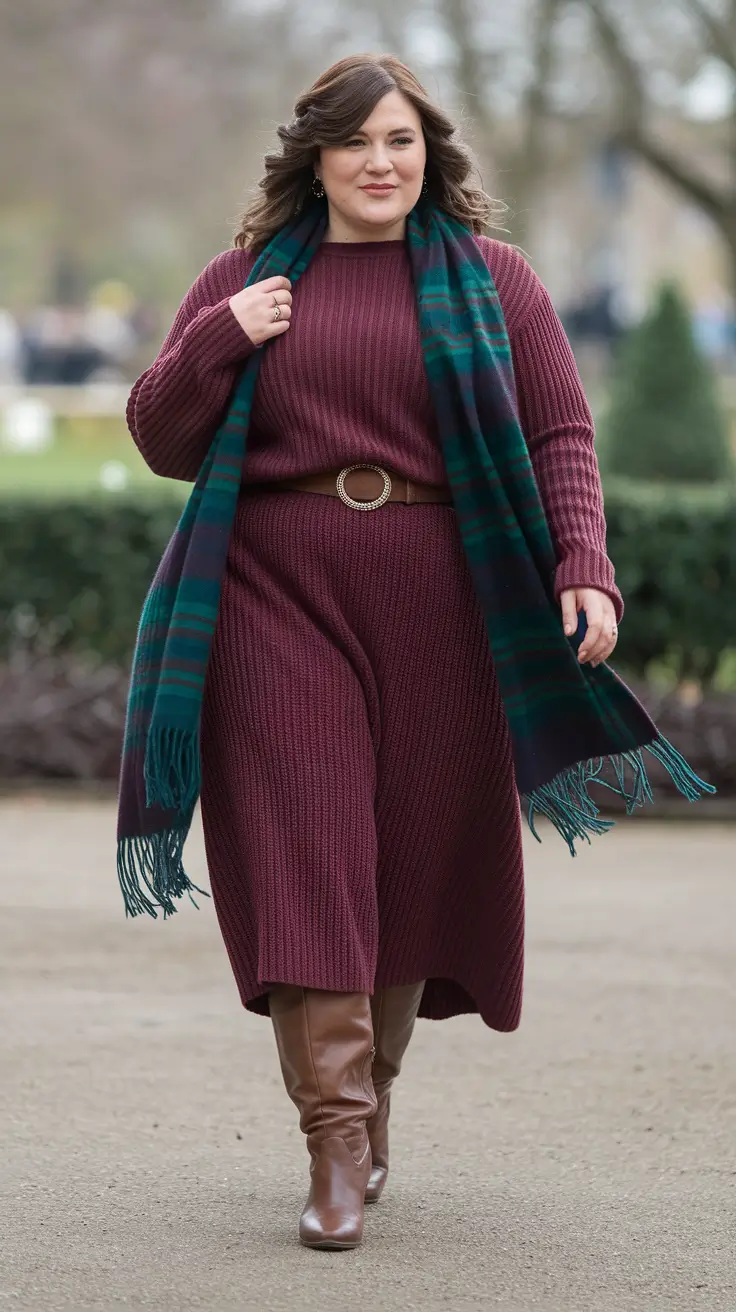 fashion curvy fall outfits 2025 Burgundy Knit & Plaid Layers
