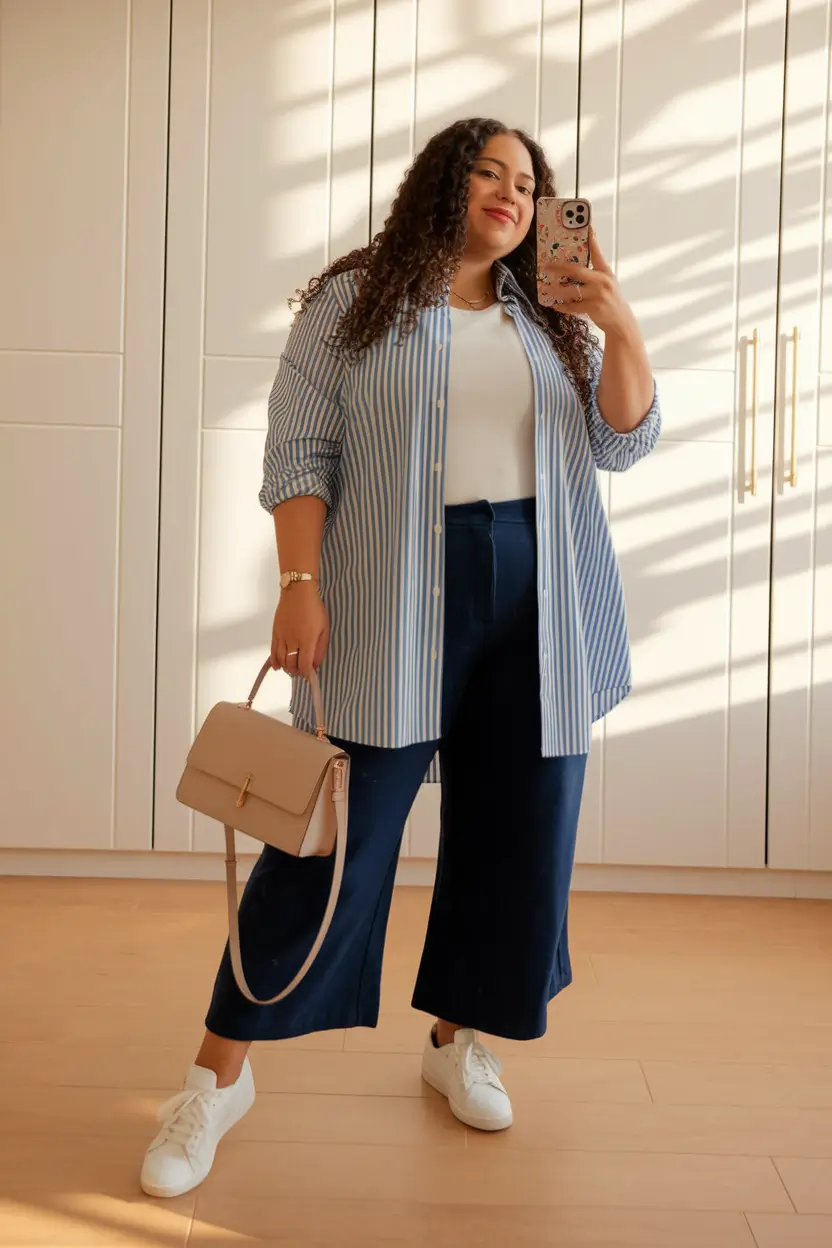 fashion curvy fall outfits 2025 Classic Blue & White Everyday Combo