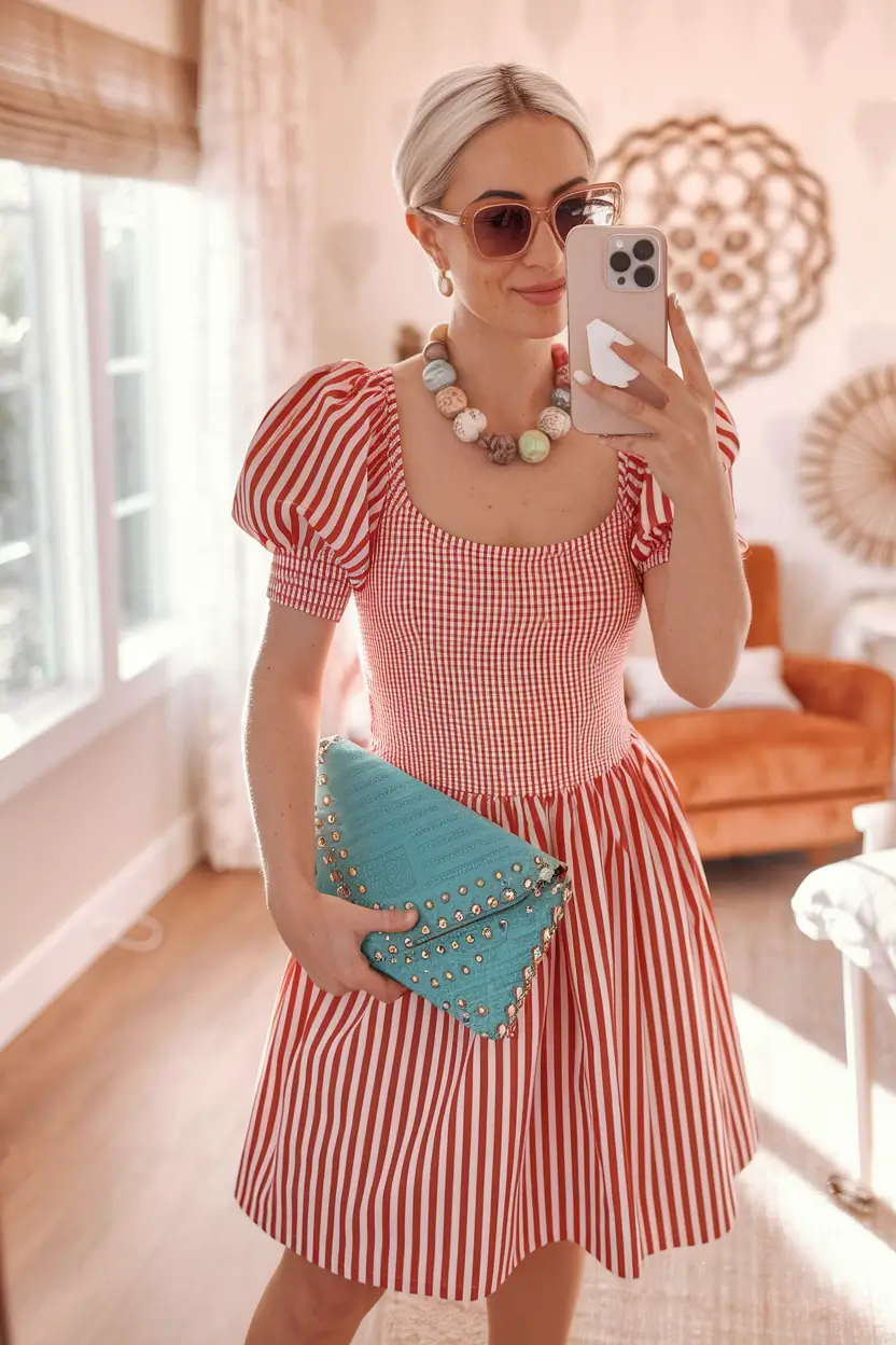 4th of july dresses women+Red Stripes & Playful Puff Sleeves