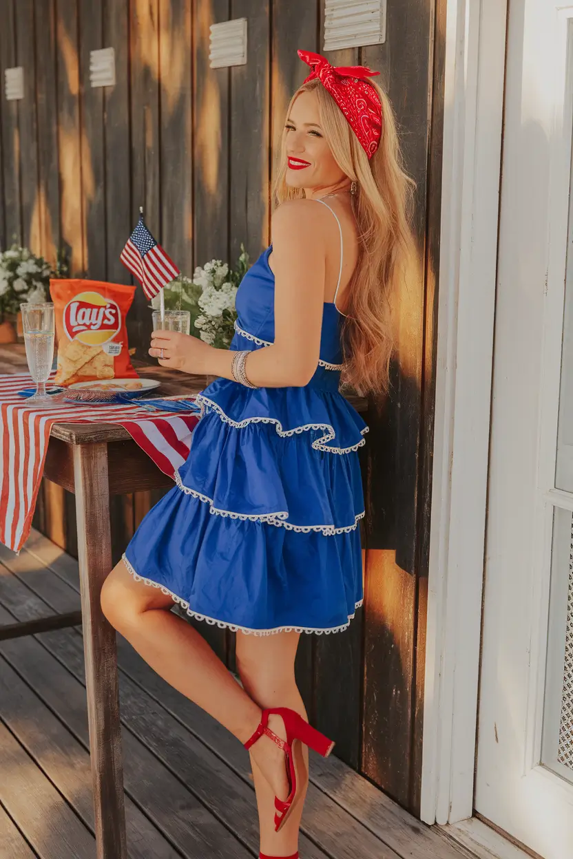outfits for women+Retro-Inspired Blue Ruffles with Bandana Flair