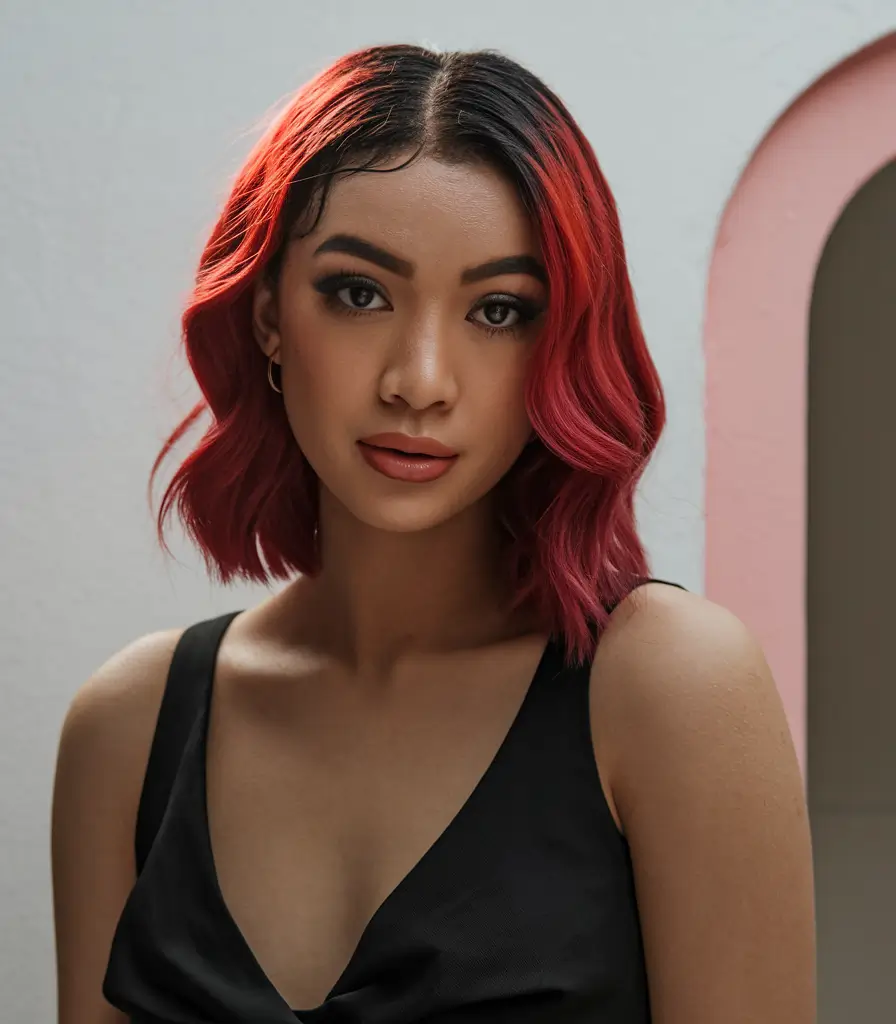 Fresh Hairstyles for July 2025 Cherry-Red Lob with Power Contrast