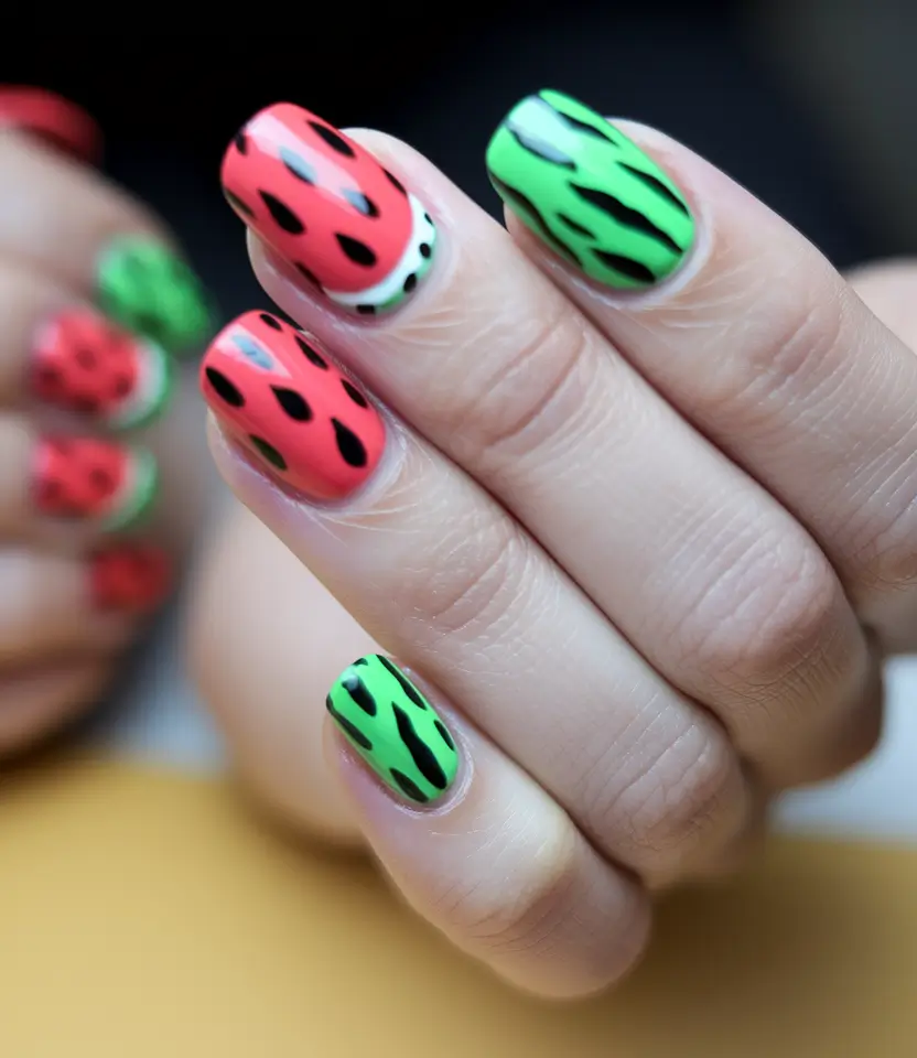 watermelon nails design Bold Contrast with a Graphic Twist