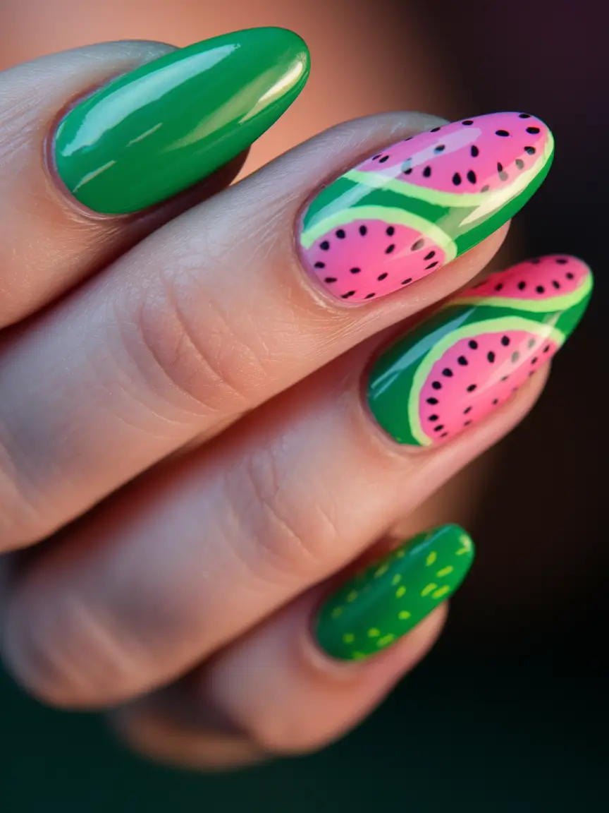 watermelon nails design Full Slice Repeat with Glossy Green