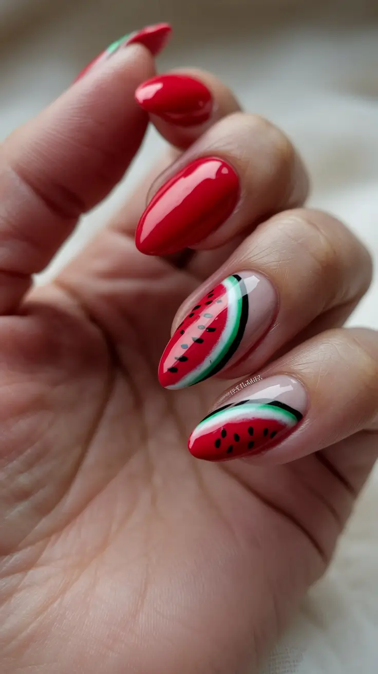watermelon nails design Red French Swirl with Juicy Edge