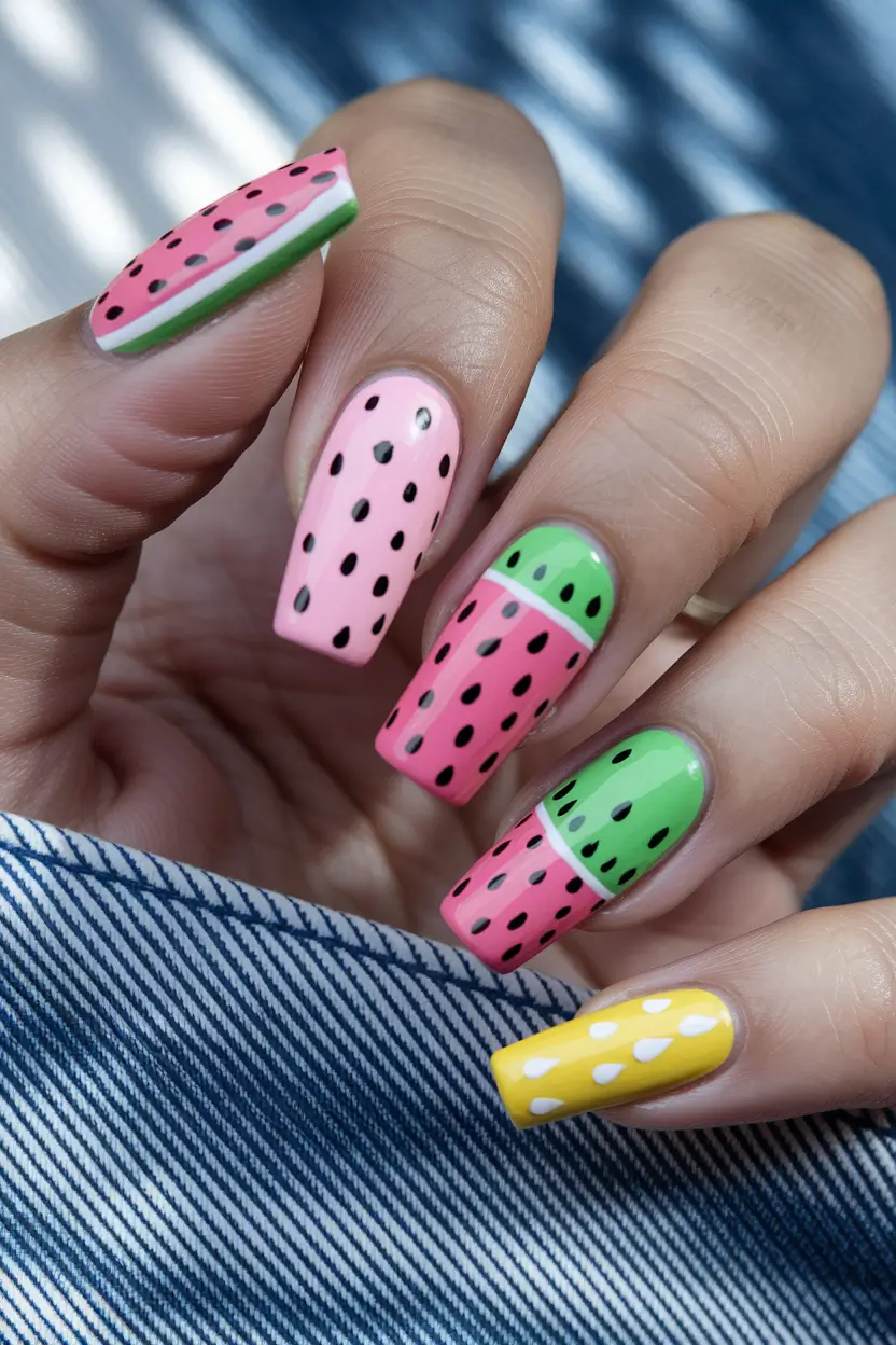 watermelon nails design Graphic Color Block Fruit Mash-Up