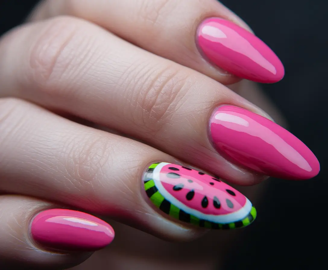 watermelon nails design Playful Cartoon Slice on Almond Pink