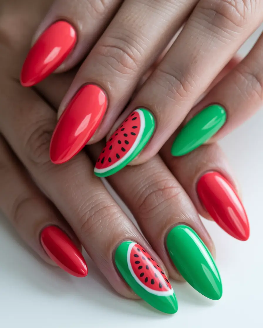 watermelon nails design Balanced Two-Tone Gloss with Sliced Accents