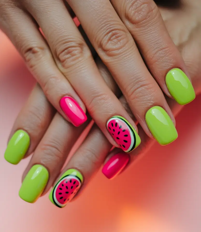 watermelon nails design Juicy Green & Pink Square Pop