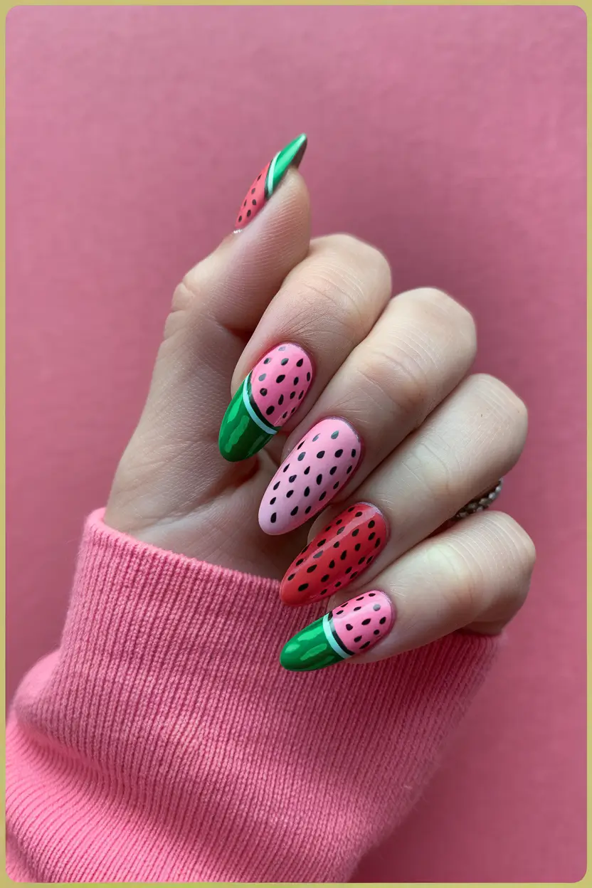 watermelon nails design Soft Strawberry and Melon Mix
