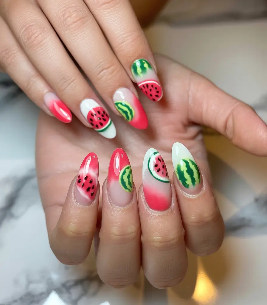 watermelon nails design Hand-Painted Fantasy with Jelly Gradient