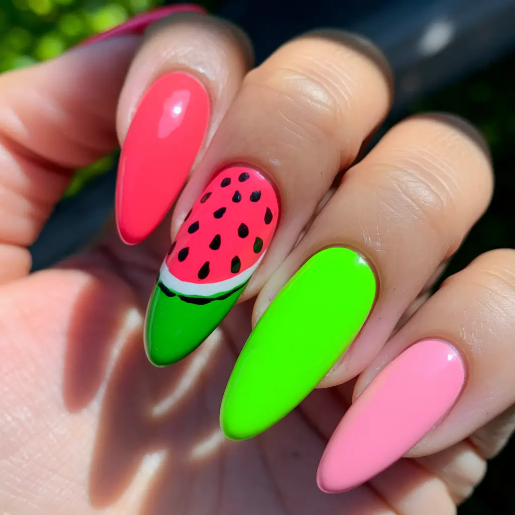watermelon nails design Glossy Jelly Glow with Neon Punch