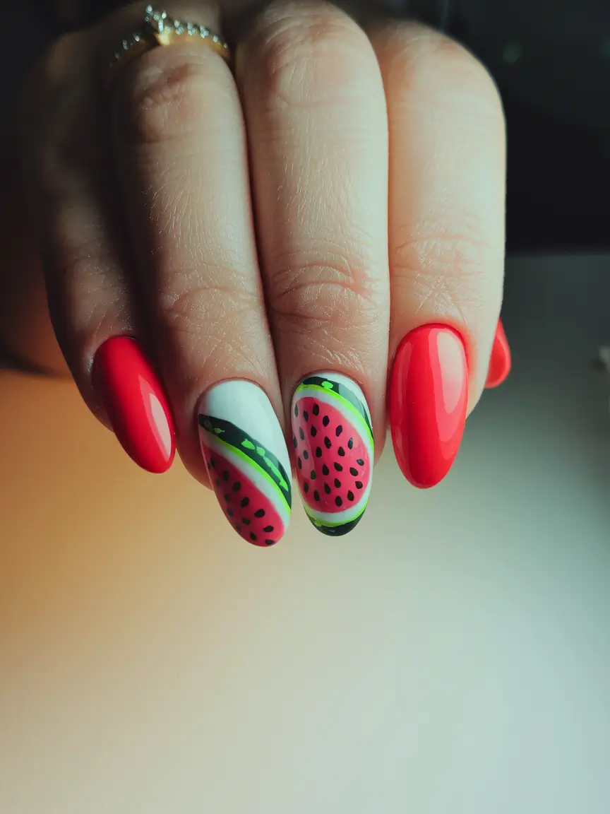 watermelon nails design Minimalist Slice on Almond Tips