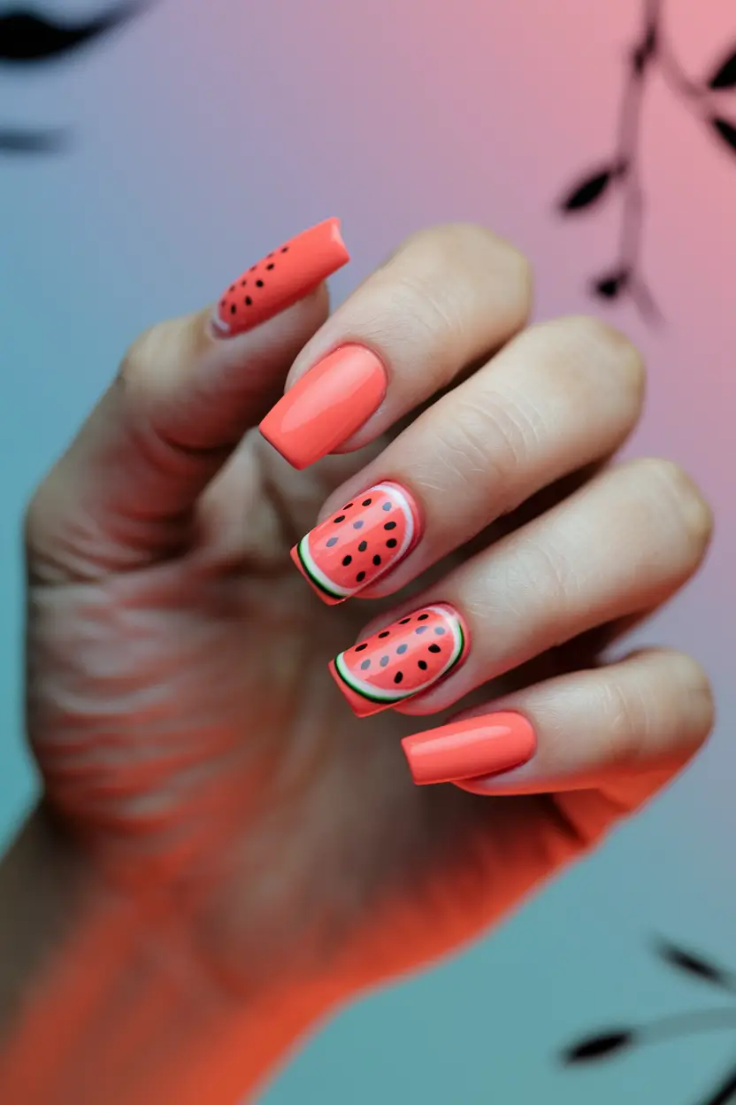 watermelon nails design Classic Square Cut Coral with Seeds