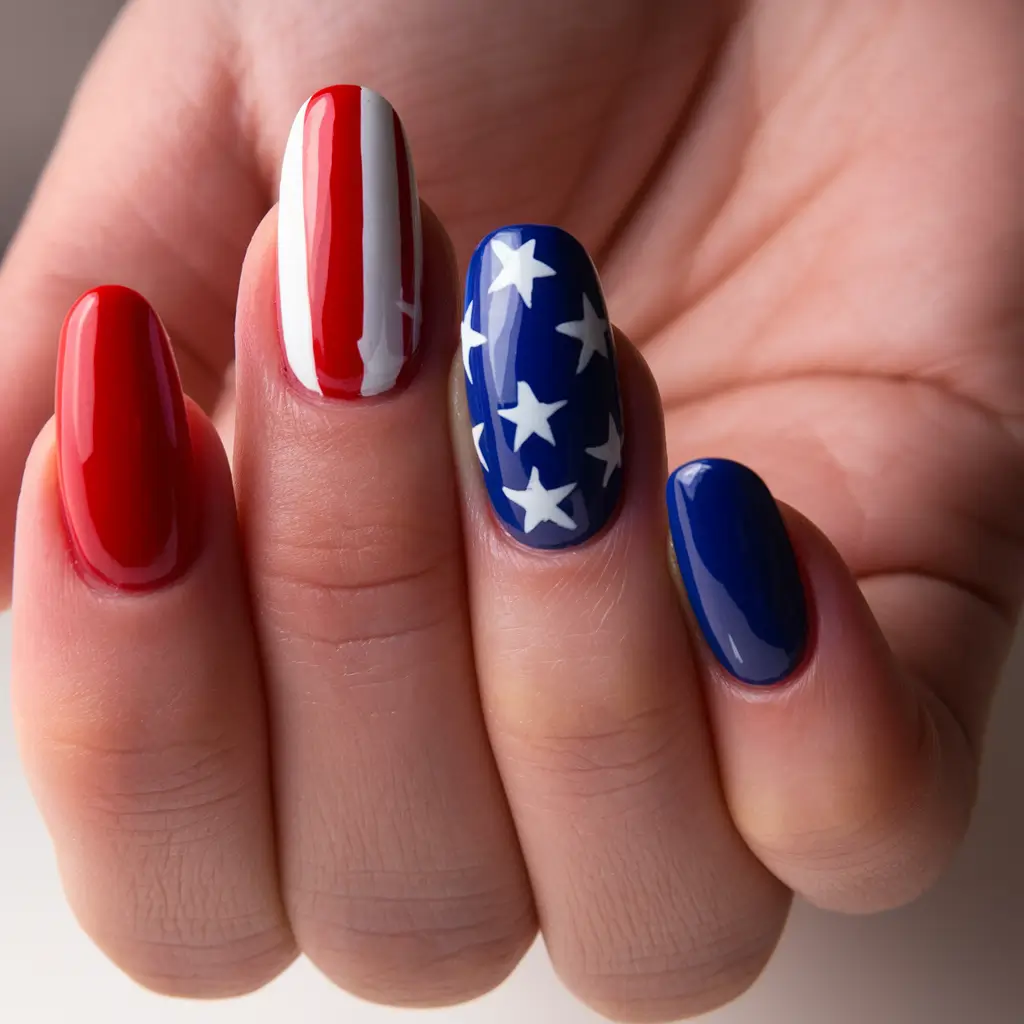 july nail colors Bold Patriotism with a Glossy Finish