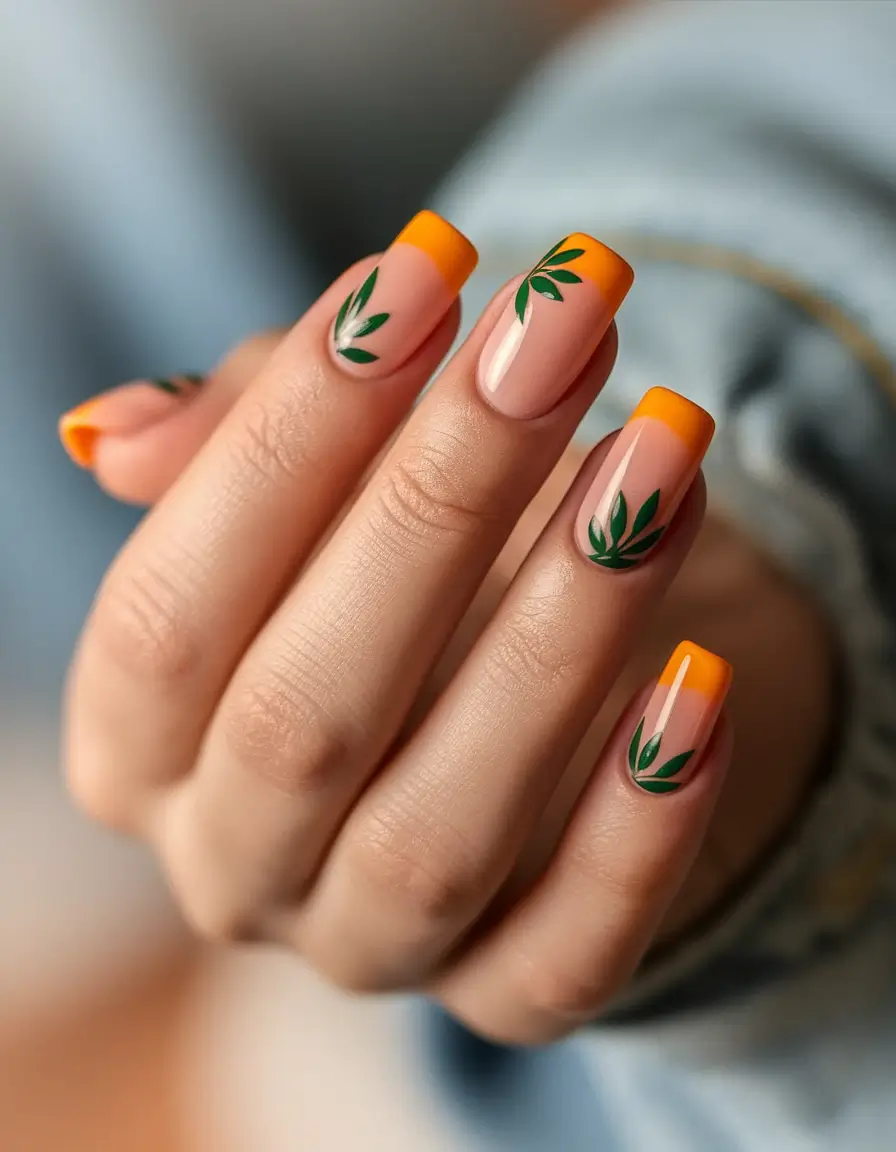 july nail colors Tangerine Tips with Botanical Vibes