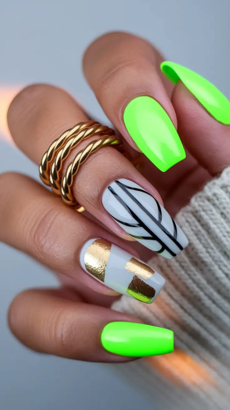 july nail colors Neon Lime Meets Chic Contrast