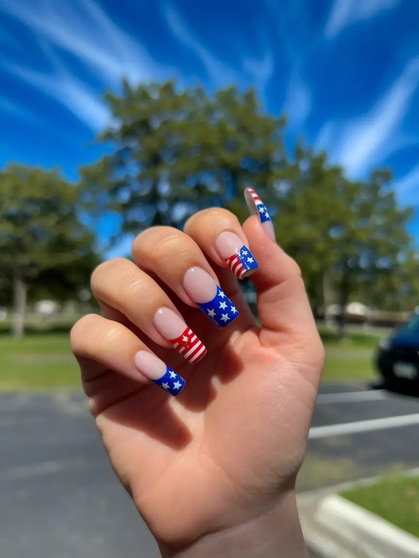 july nail colors Modern French Tips with a Star-Spangled Twist