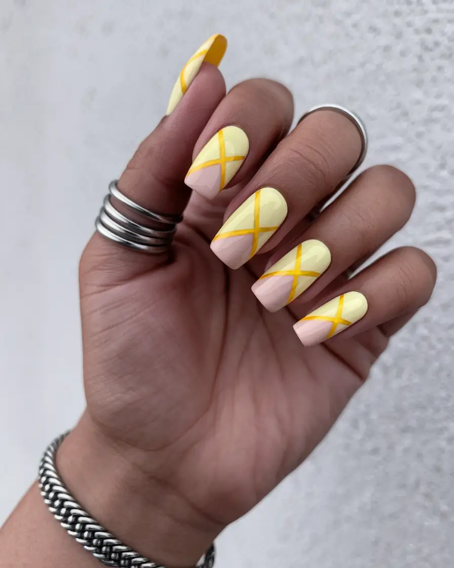 july nail colors Sunny Lemon Grid with Pastel Charm