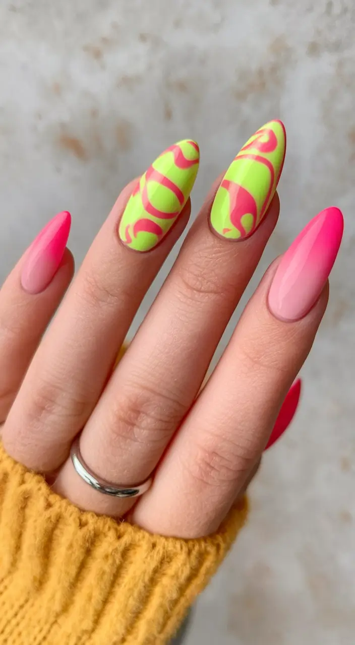 july nail colors Electric Pink Meets Neon Swirl