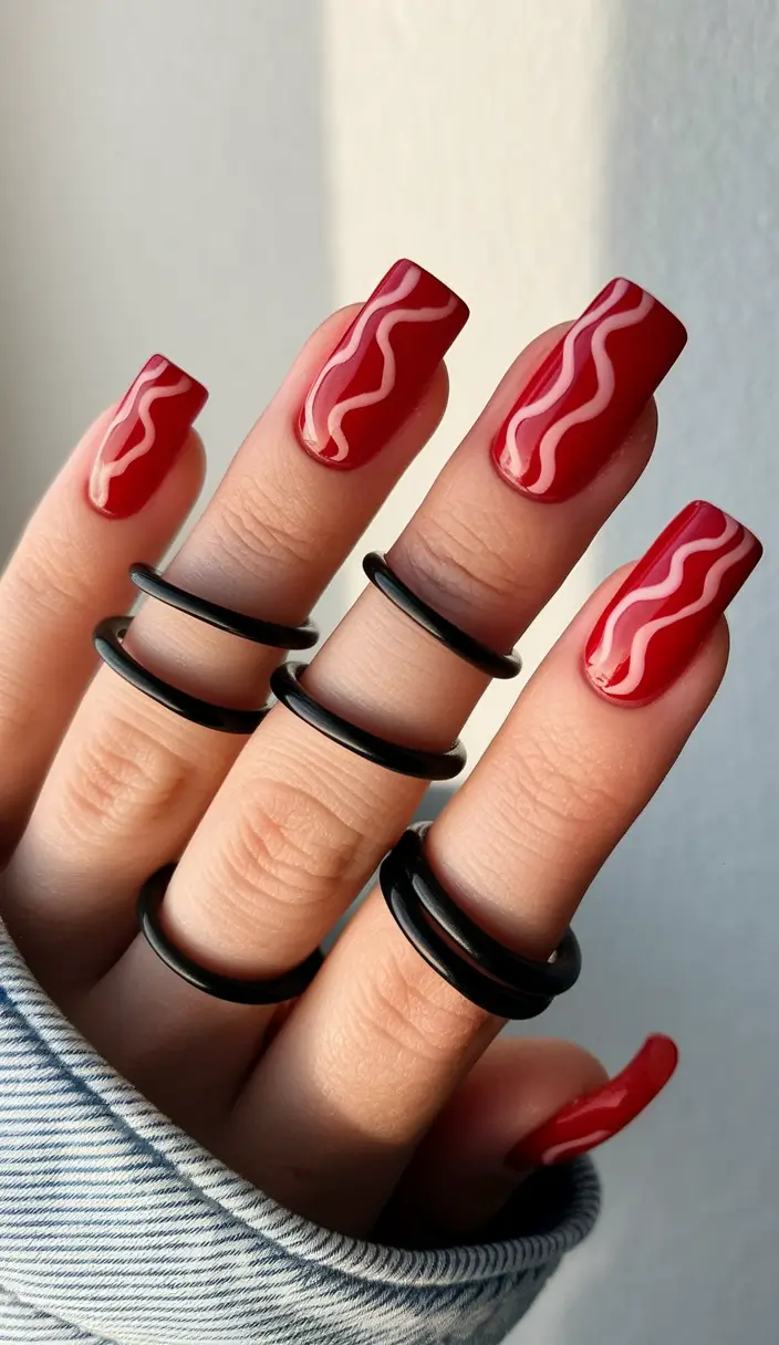 july nail colors Glossy Crimson with Wave Accent