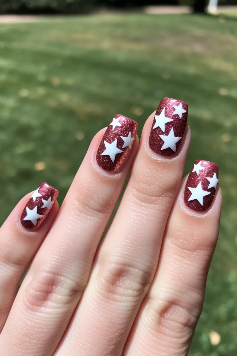 july nail colors Glittered Marsala with Star Pop