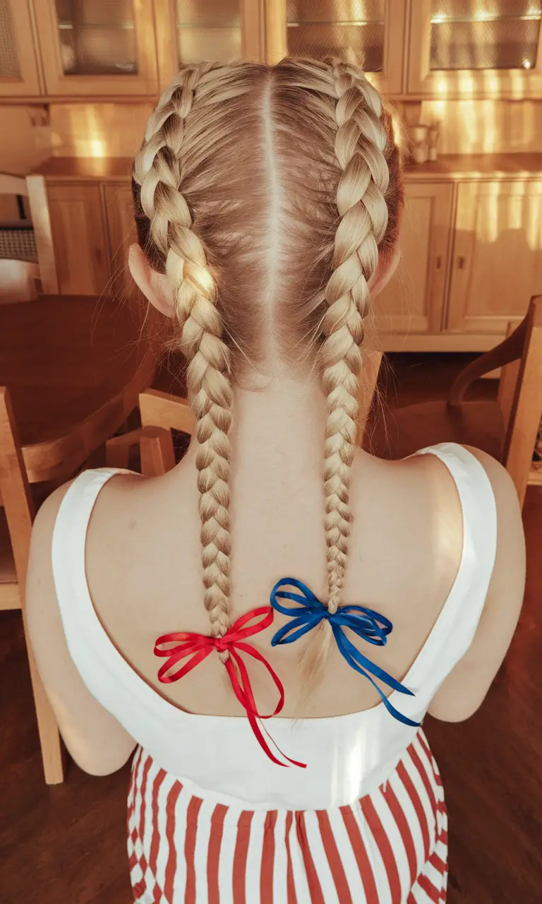 labor day hairstyles 2025 Classic Dutch Braids with Patriotic Ribbon
