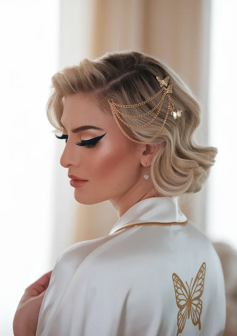 labor day hairstyles 2025 Vintage Glam Waves with Gold Hair Jewelry