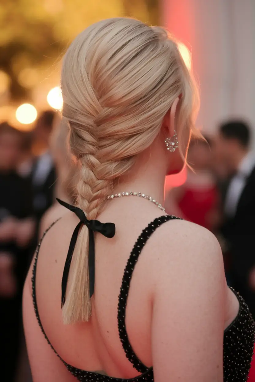 labor day hairstyles 2025 Low French Braid with Velvet Ribbon