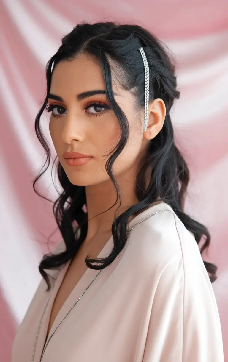 labor day hairstyles 2025 Half-Up Loose Waves with Rhinestone Pin