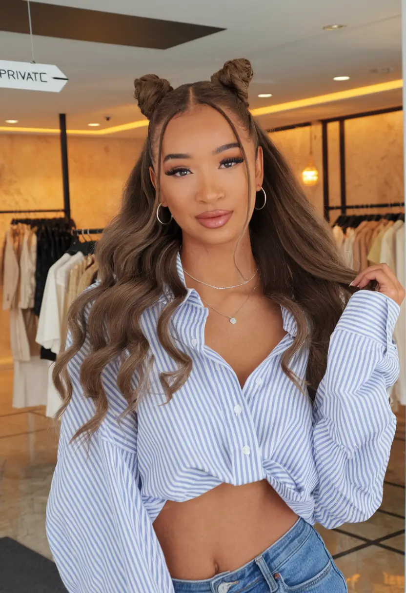 labor day hairstyles 2025 Playful Waves with Double Top Knots