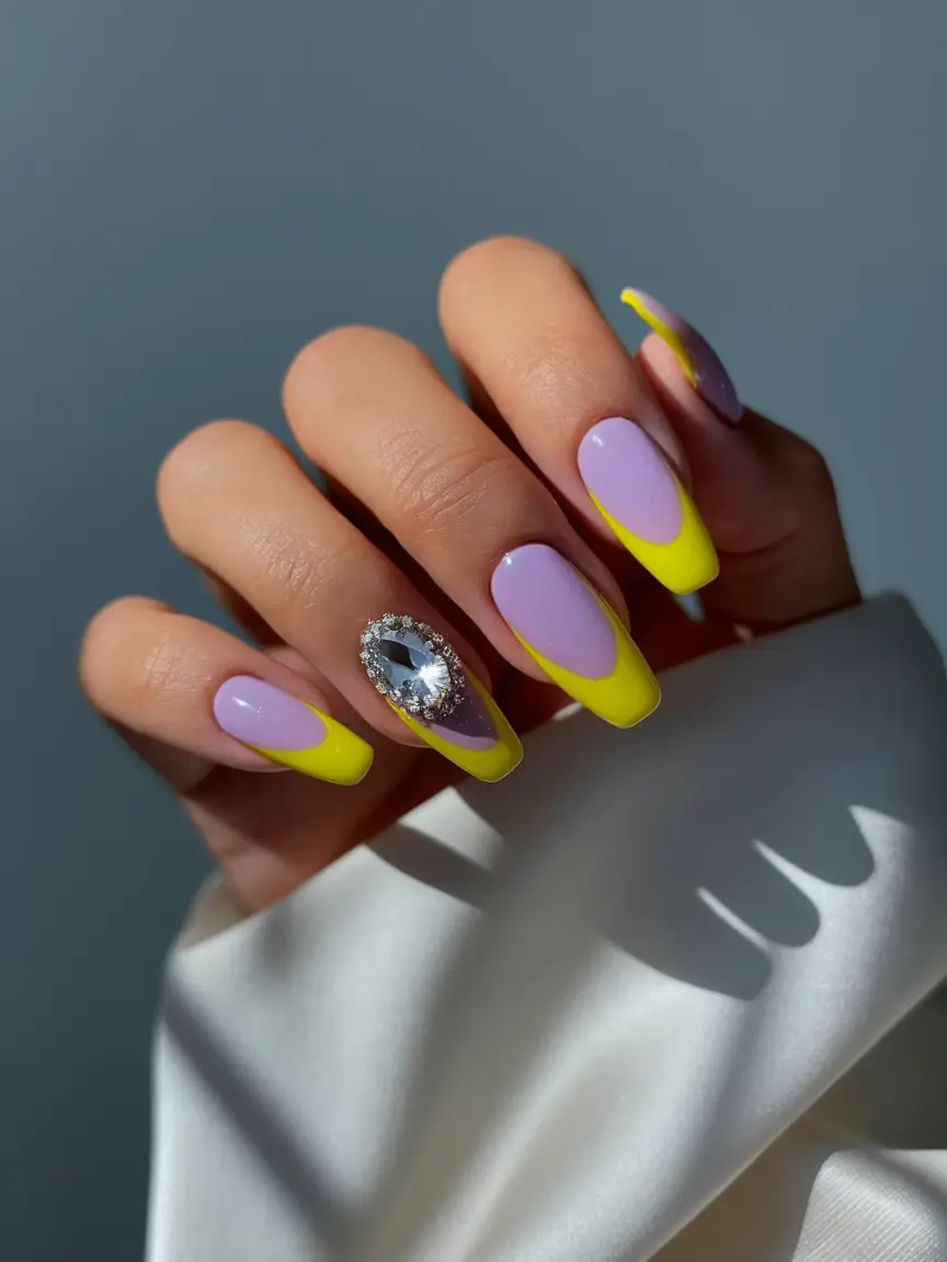 labor day nails 2025 Lavender Sunshine with a Crystal Accent