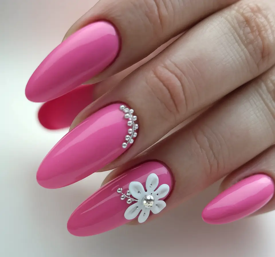 labor day nails 2025 Glossy Pink With Dainty Blossoms
