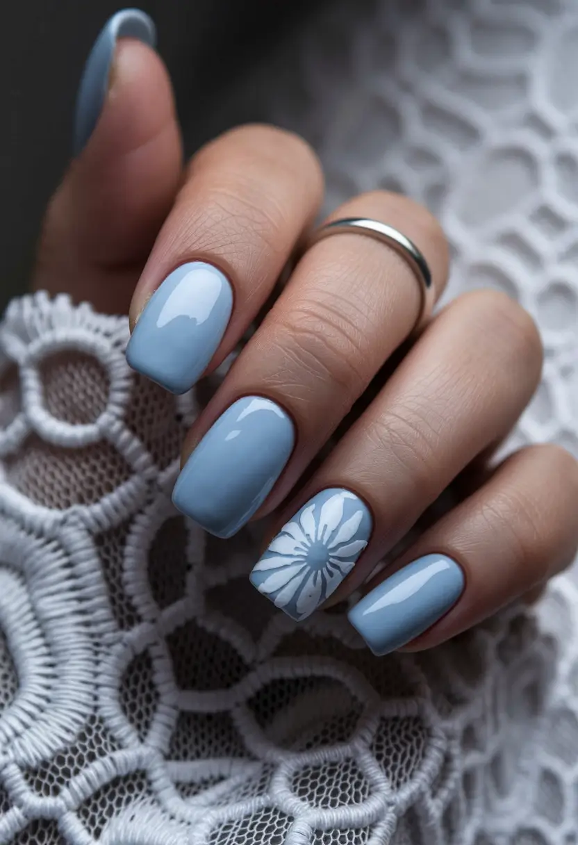 labor day nails 2025 Powder Blue With Retro Daisy Detail