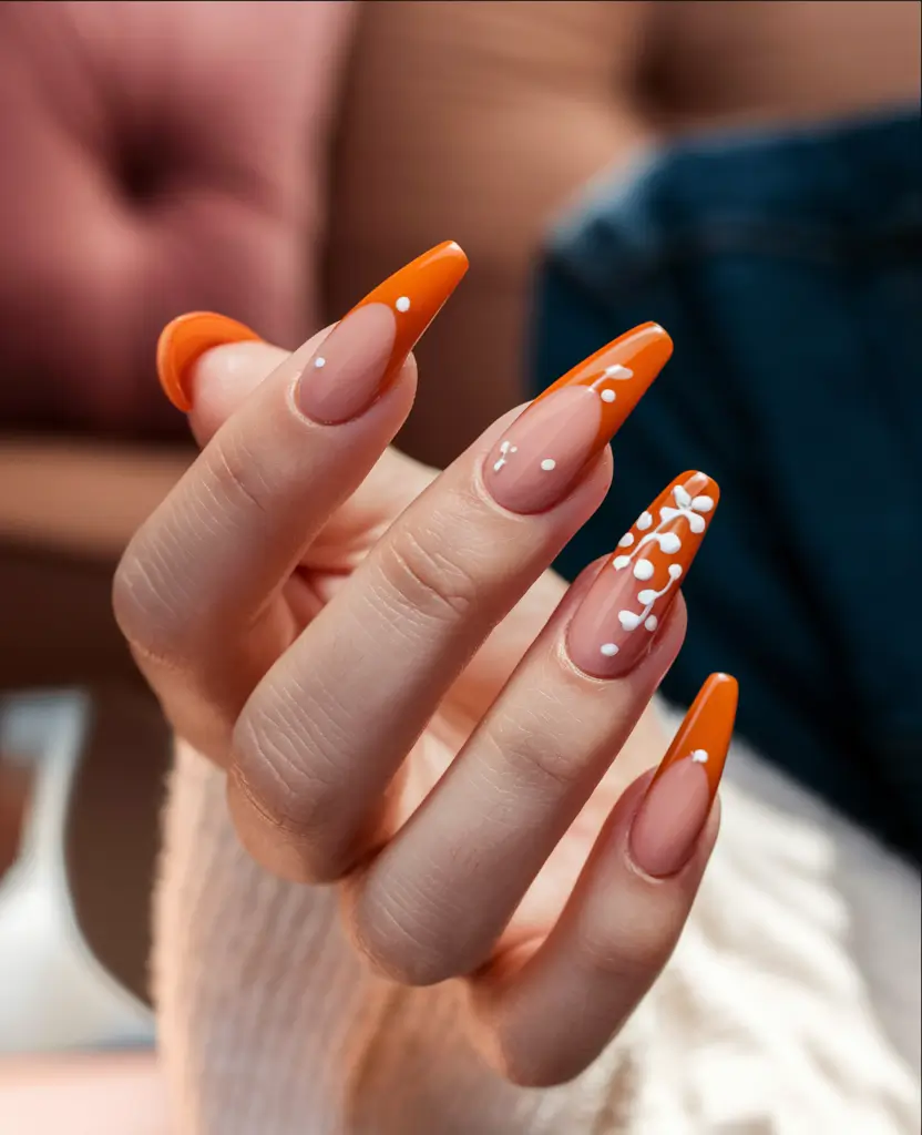 labor day nails 2025 Orange French Fade with Whimsical Dot Flowers