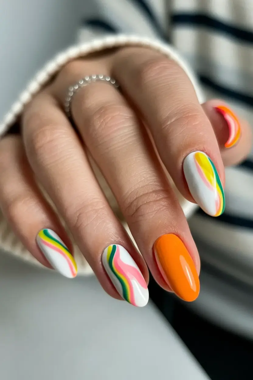 labor day nails 2025 Color Pop Swirls with an Orange Twist