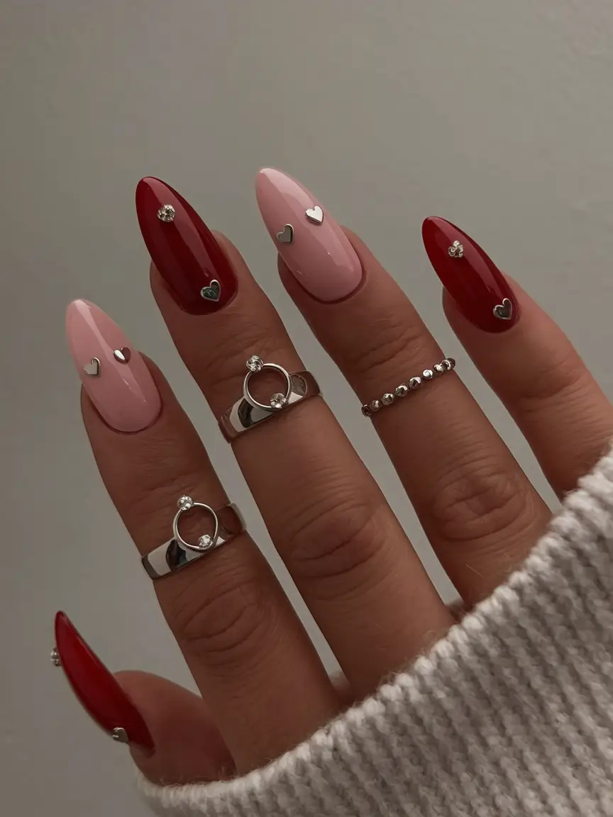 labor day nails 2025 Glossy Hearts in Red and Rose