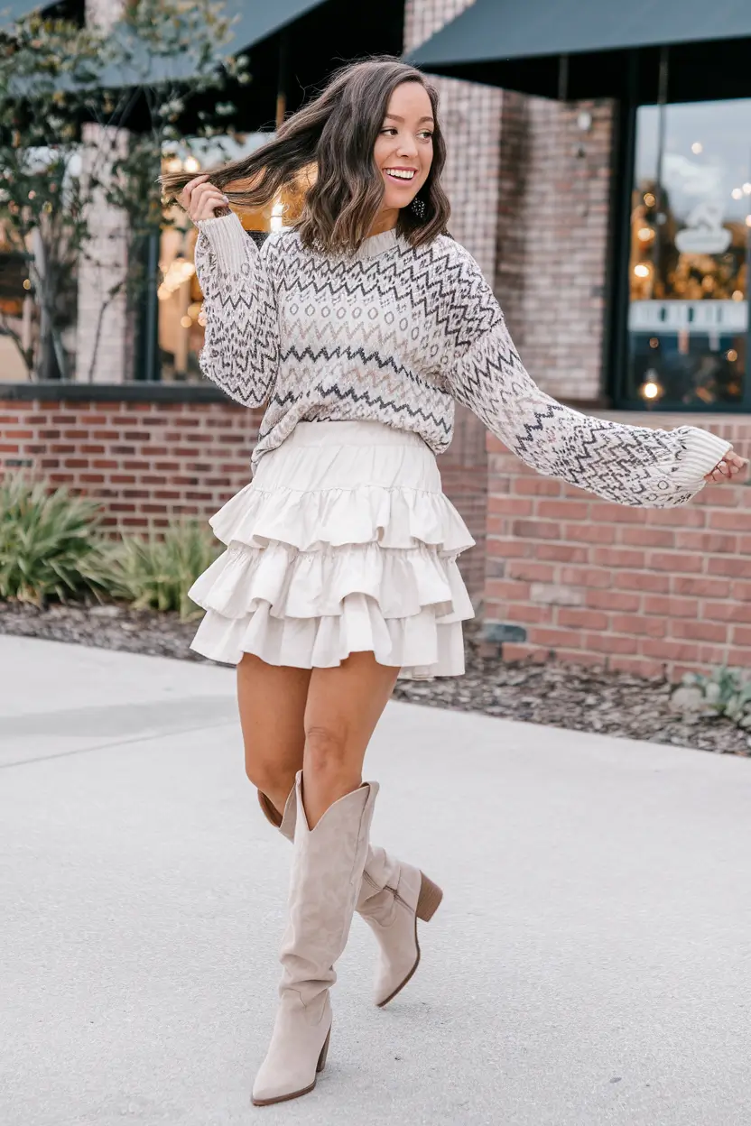 mom outfits inspo for fall 2025 – Ruffle Skirt & Fair Isle Daydream