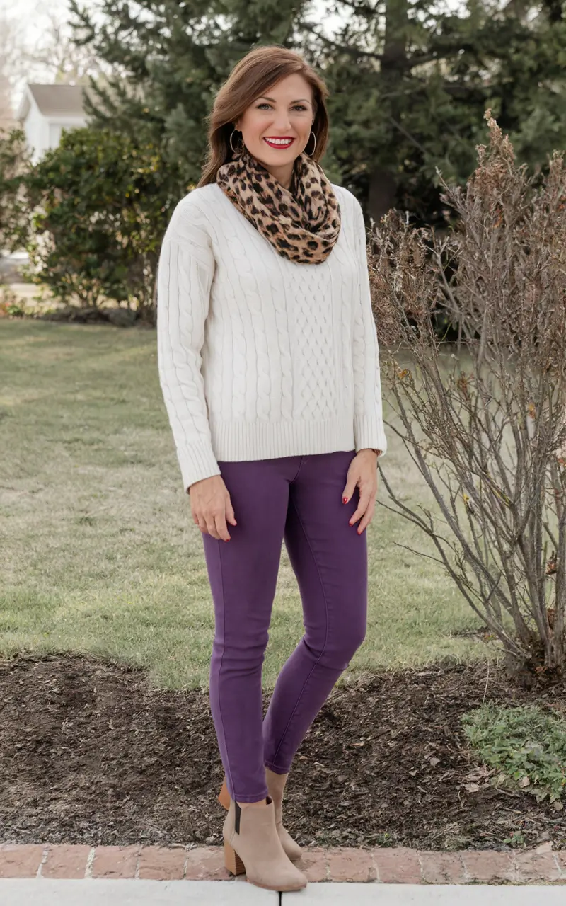 mom outfits inspo for fall 2025 – Cable Knit & Plum Pants Pop