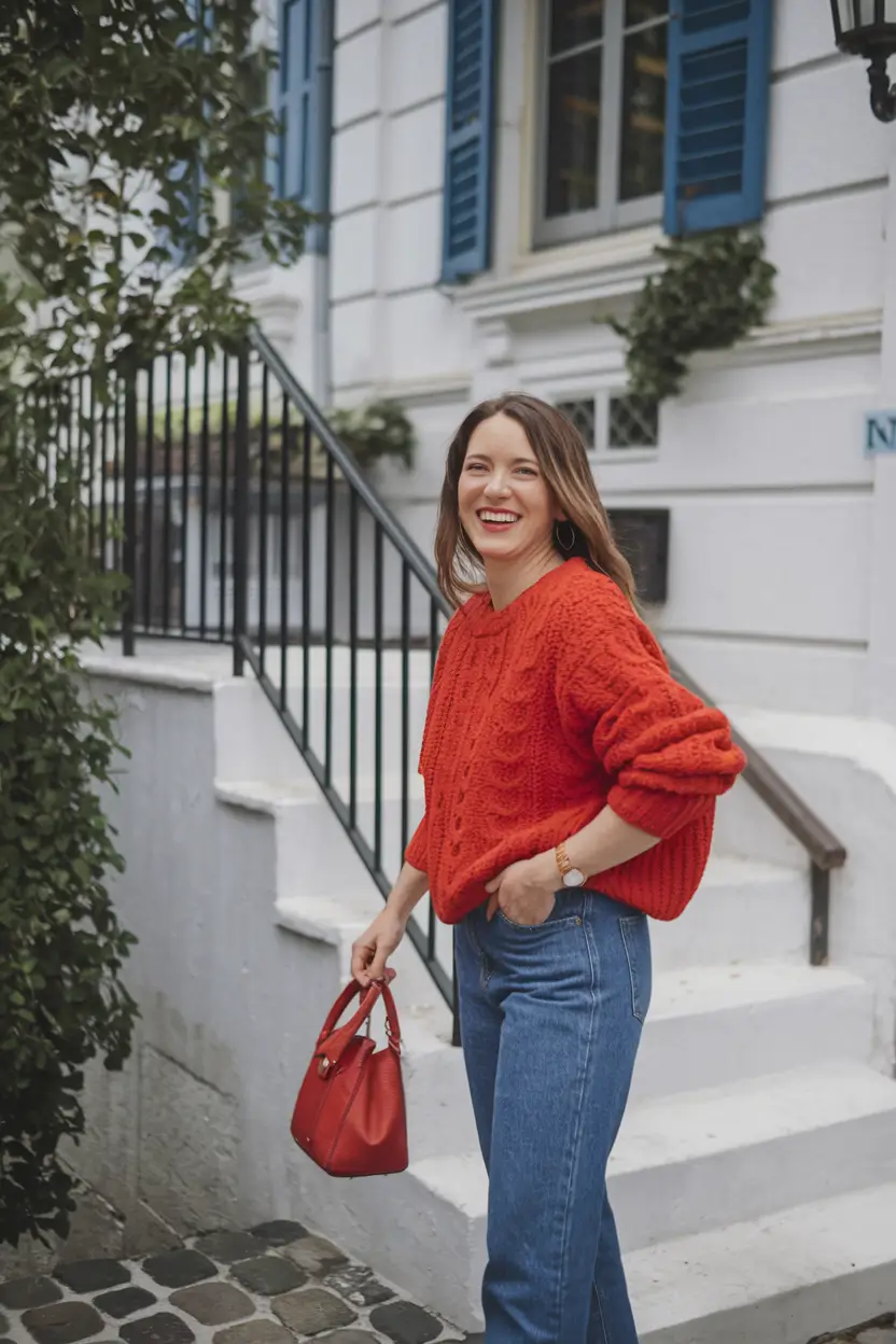 mom outfits inspo for fall 2025 – Cherry Red Sweater & True Blue Denim