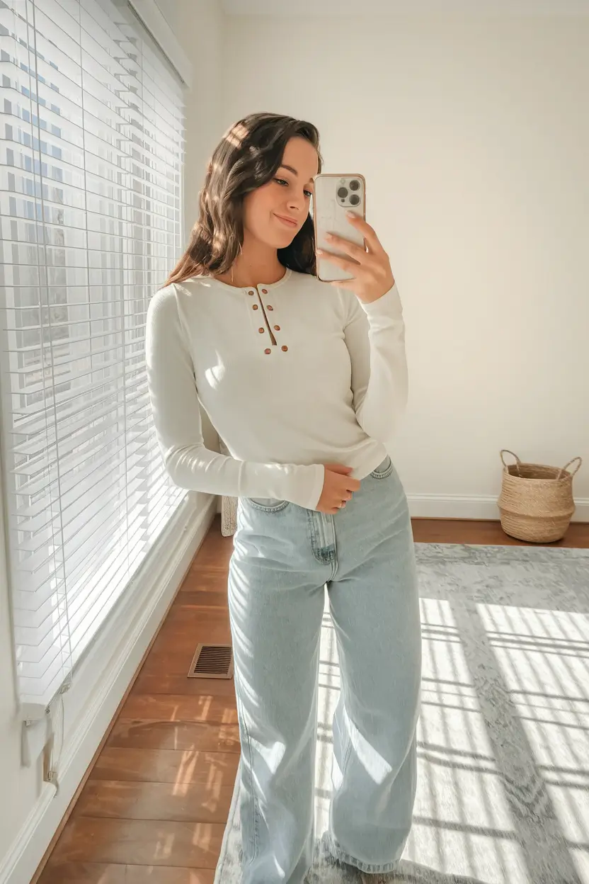 mom outfits inspo for fall 2025 – Light Denim & Henley at-Home Ease