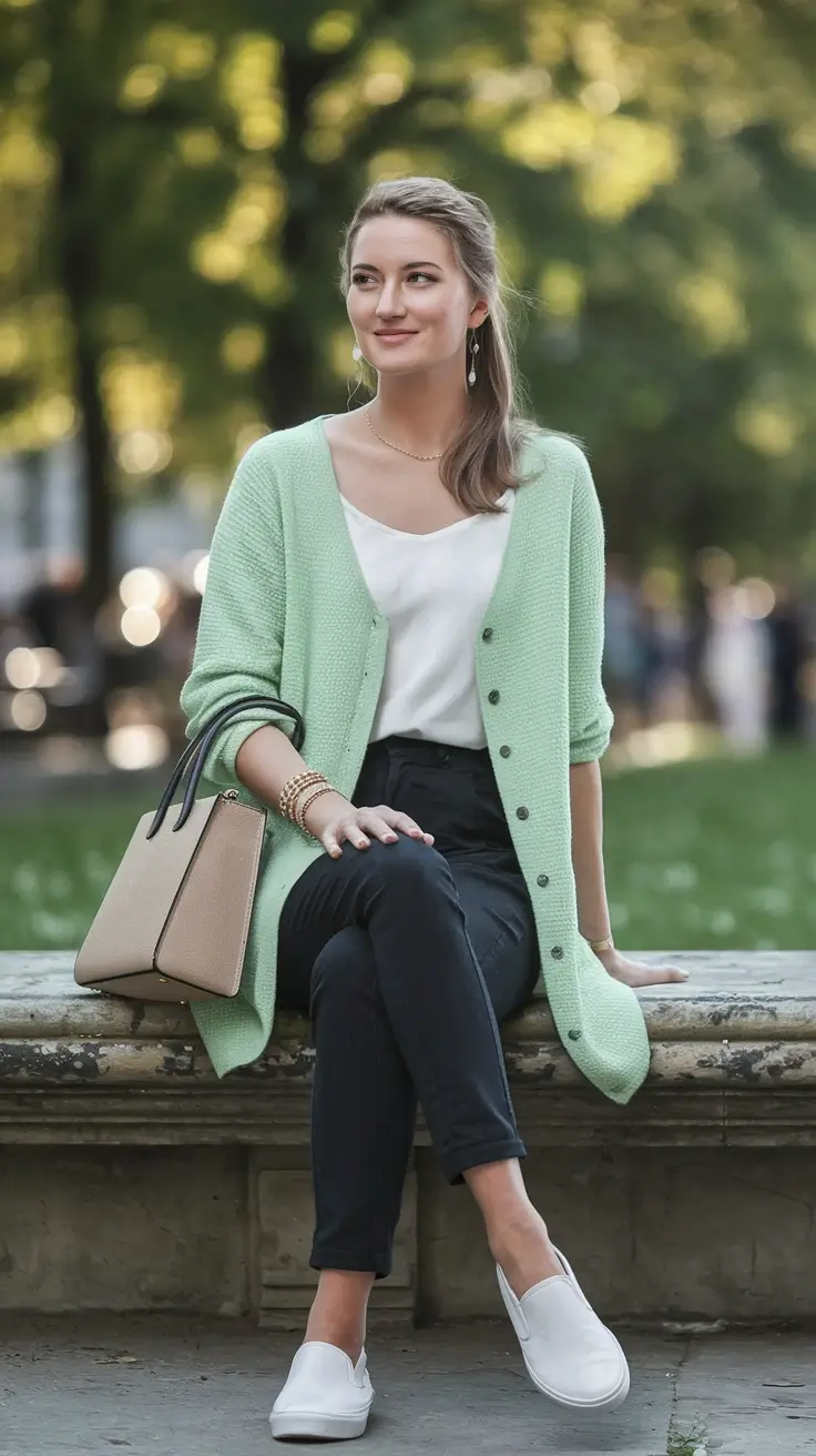 mom outfits inspo for fall 2025 – Mint Cardigan & Sidewalk Style