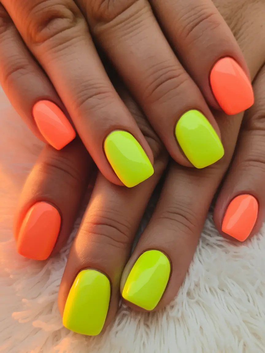 Neon Nails That Pop in 2025 Glow Mix: Green and Coral Clash