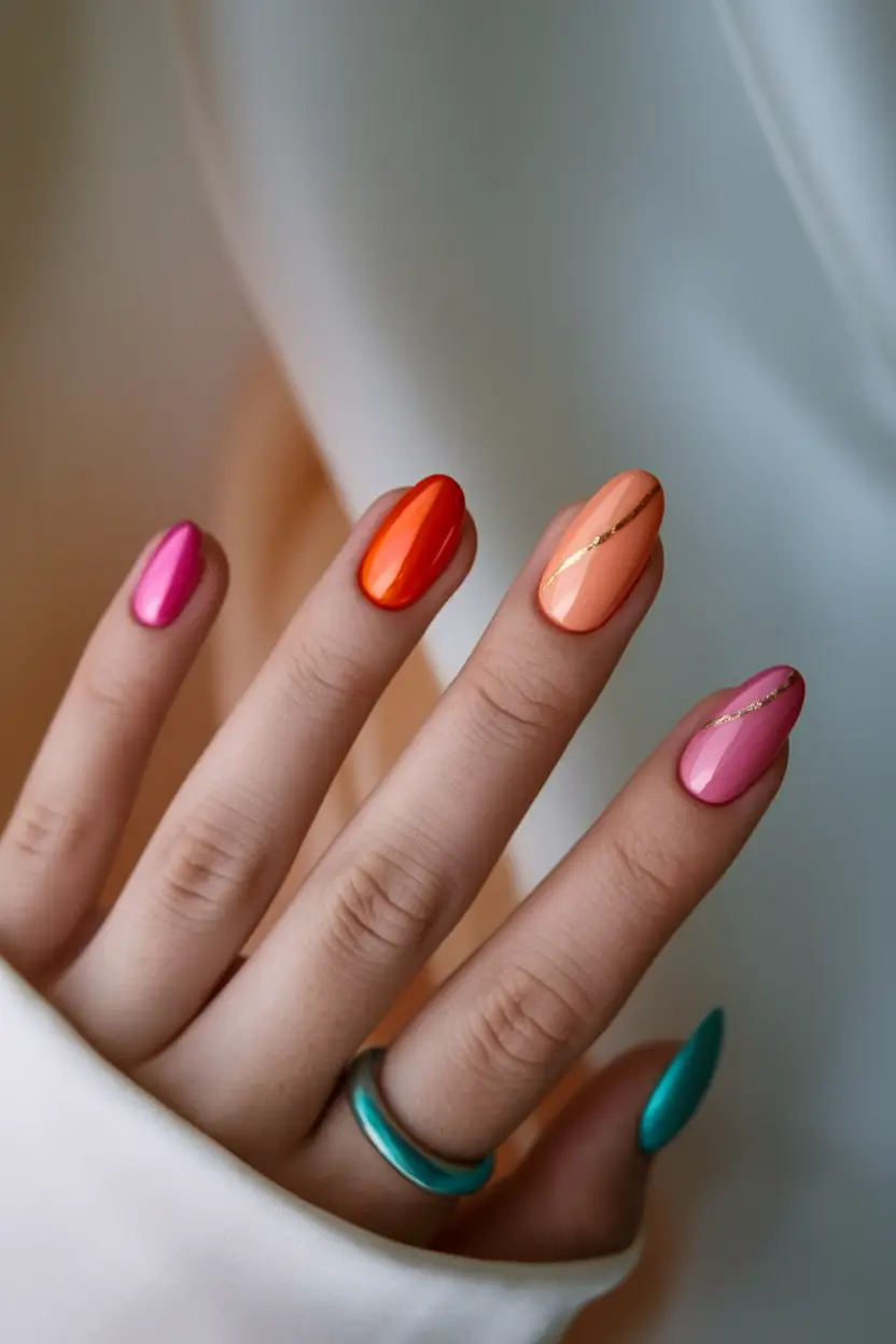 Neon Nails That Pop in 2025 Soft Sorbet with a Gold Twist